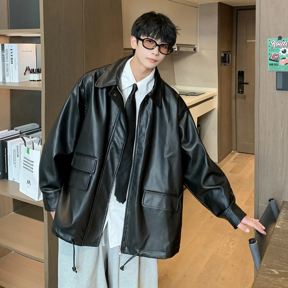 Autumn Men PU Motorcycle Jackets Zipper Windproof Handsome Vintage Turn Down Collar Coats Harajuku Loose Outerwear Homme M-5XL 240822