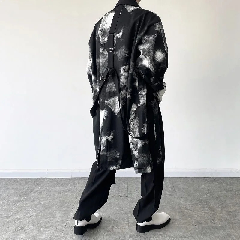 Ink Mens Tie-dye Tie n Trendy Long Coat Autumn Winter Black Single Breast Vintage Streetwear Windbreaker Loose Jacket 240822