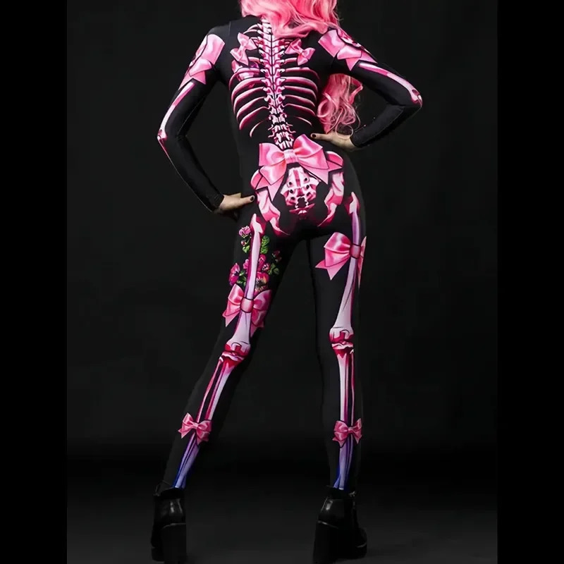 Female skeleton rose costume girl ghost bride theme party printed jumpsuit Halloween horror 240823