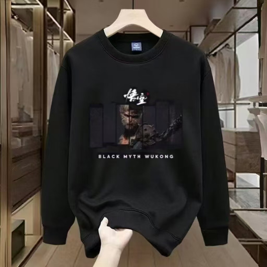 Round Neck Hoodie Men Black Myth Wukong Surrounding Clothes Men's New Autumn/Winter Plus Cashmere Hoodie