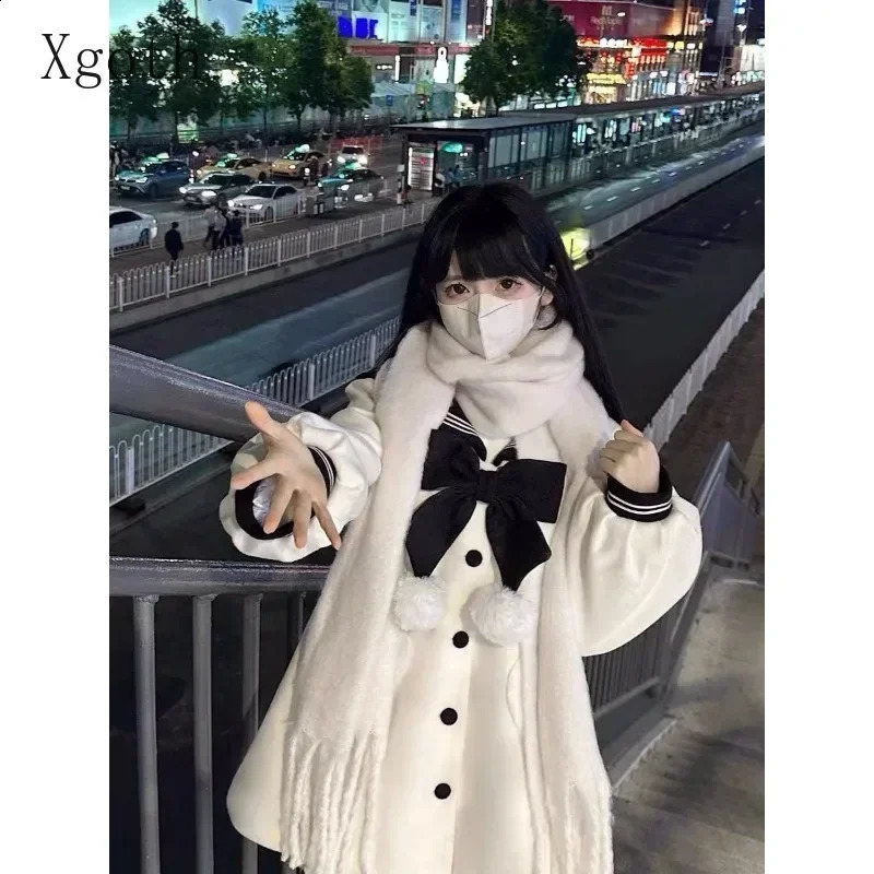 Womens Coats Contrast Sailor Collar Bow Single Breasted Heart Pocket Sweet Age Reduction Versatile Woolen Coat Ladies Clothing 240822