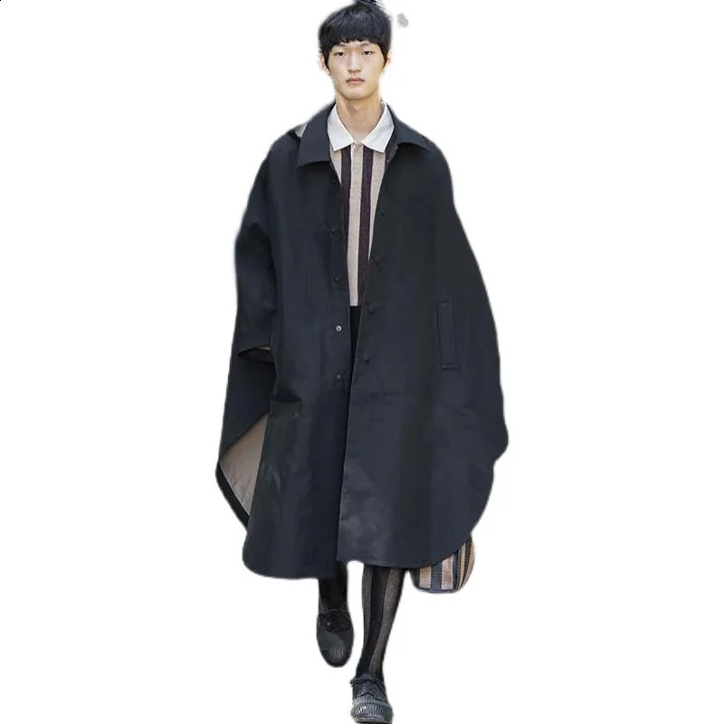 Mens Black Shawl Cloak Single Breasted Windbreaker Mens Dance Trend Hip Hop Knee Loose Coat Long Loose Cloak 240822