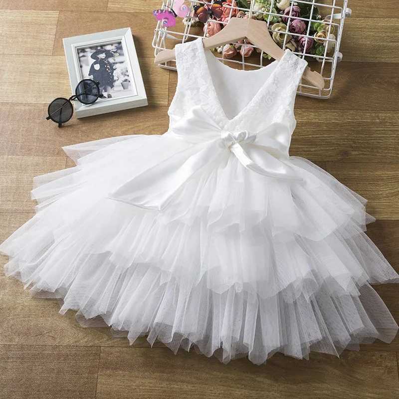 Flower Girl White Princess Wedding Dress No Back Lace Baby Birthday Baptist Party Tutu Preschool Girl Summer Dress W240823