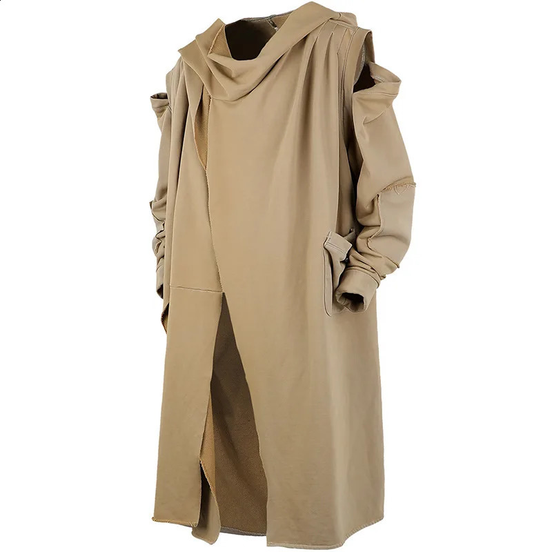 Ripped Hole Hip Hop Punk Trench Coat Destroyed Techwear Hooded Cloak Vagrant Style Vintage Long Jacket Cape For Men 240822