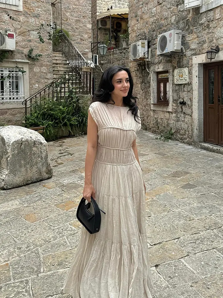 Elegant Solid Round Neck Patchwork Pleated Maxi Dress Chic High Waisted Short Sleeve A-line Hem Robes Summer Lady Casual Dresses 240822