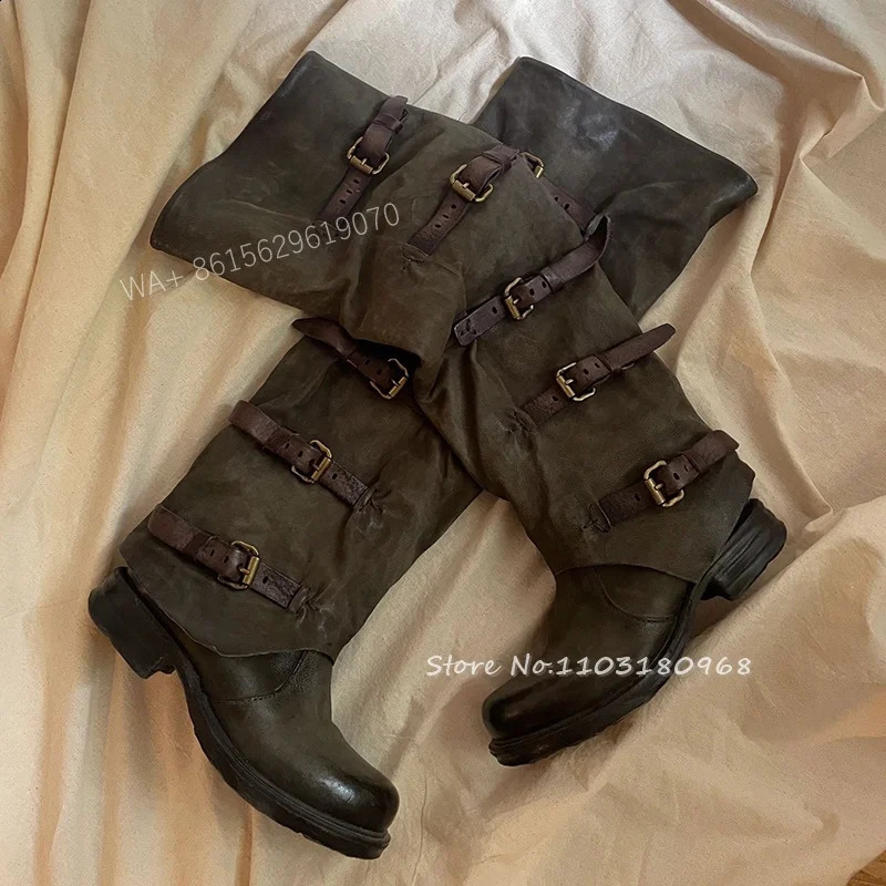 Retro belt buckle knee high boots for women round toe stacked western leather boots autumn winter pleated chicken shoes 240823