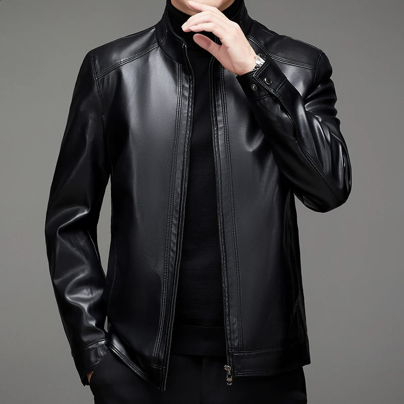 - Mens Business Gentleman British Windproof Casual Fashion Stand Collar Sheepskin Plus Size Biker Jacket Leather Jacket 240822