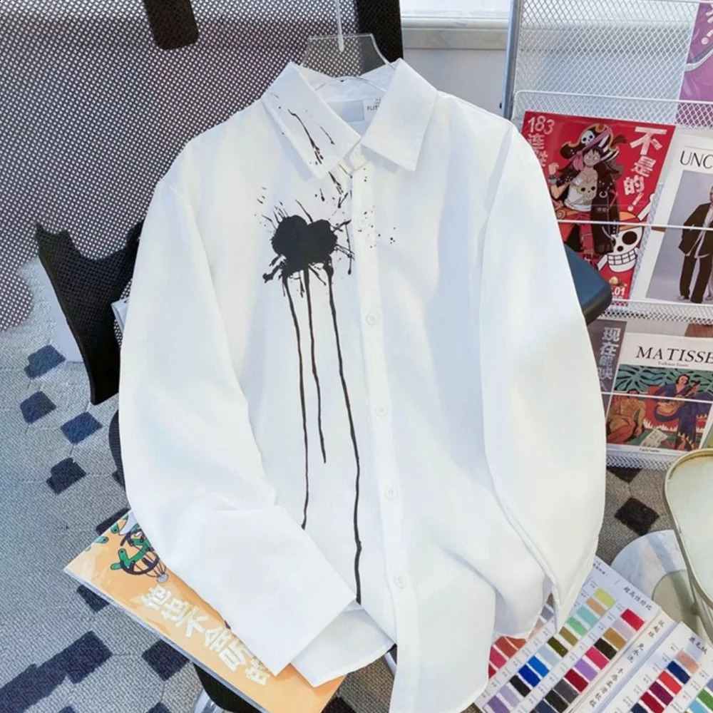 Mens Shirt Ink Splatter Printed Long Sleeved Shirt Summer Casual Versatile Moisture Wicking Korean Style Top Mens Clothing 240822