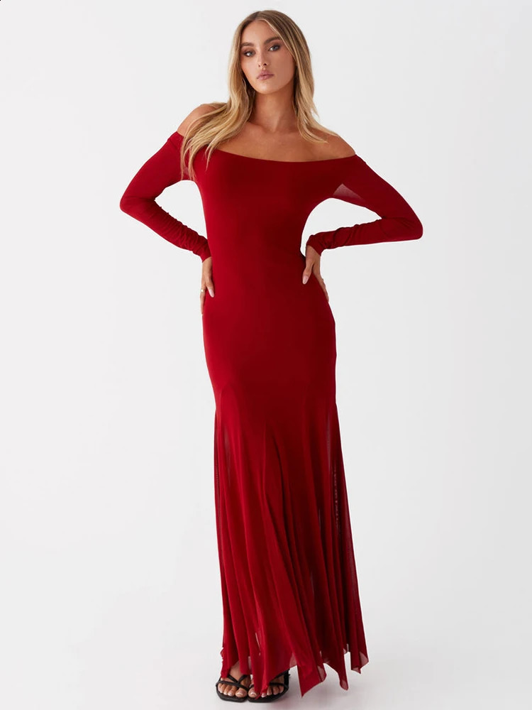 Mozision Off-shoulder Long Sleeve Sexy Maxi Dress For Women Autumn Strapless Backless Pleated Elegant Long Dress Fashion 240823