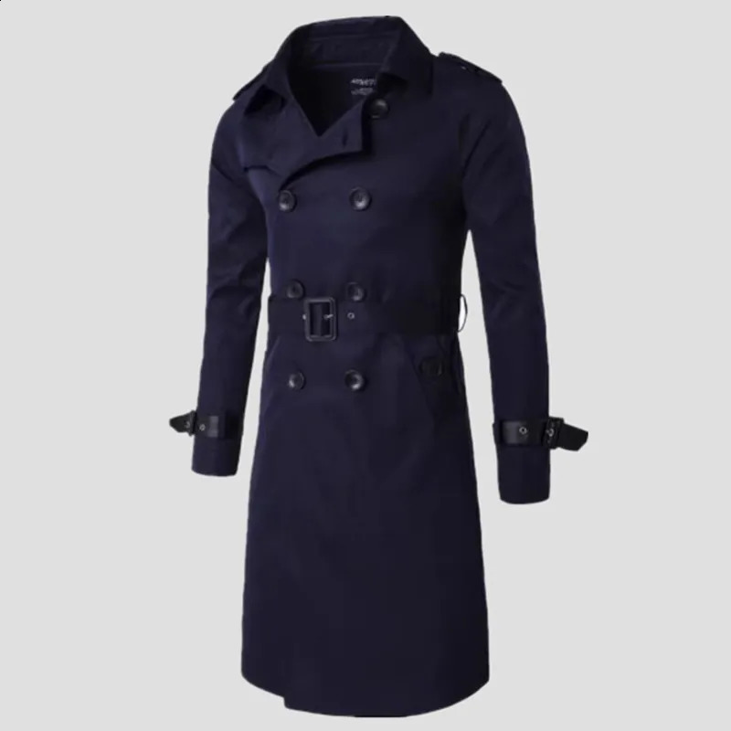 Mens Spring Autumn Windbreak Overcoat Long Trench Coats with Belt Male Pea Coat Double Breasted Peacoat 240822