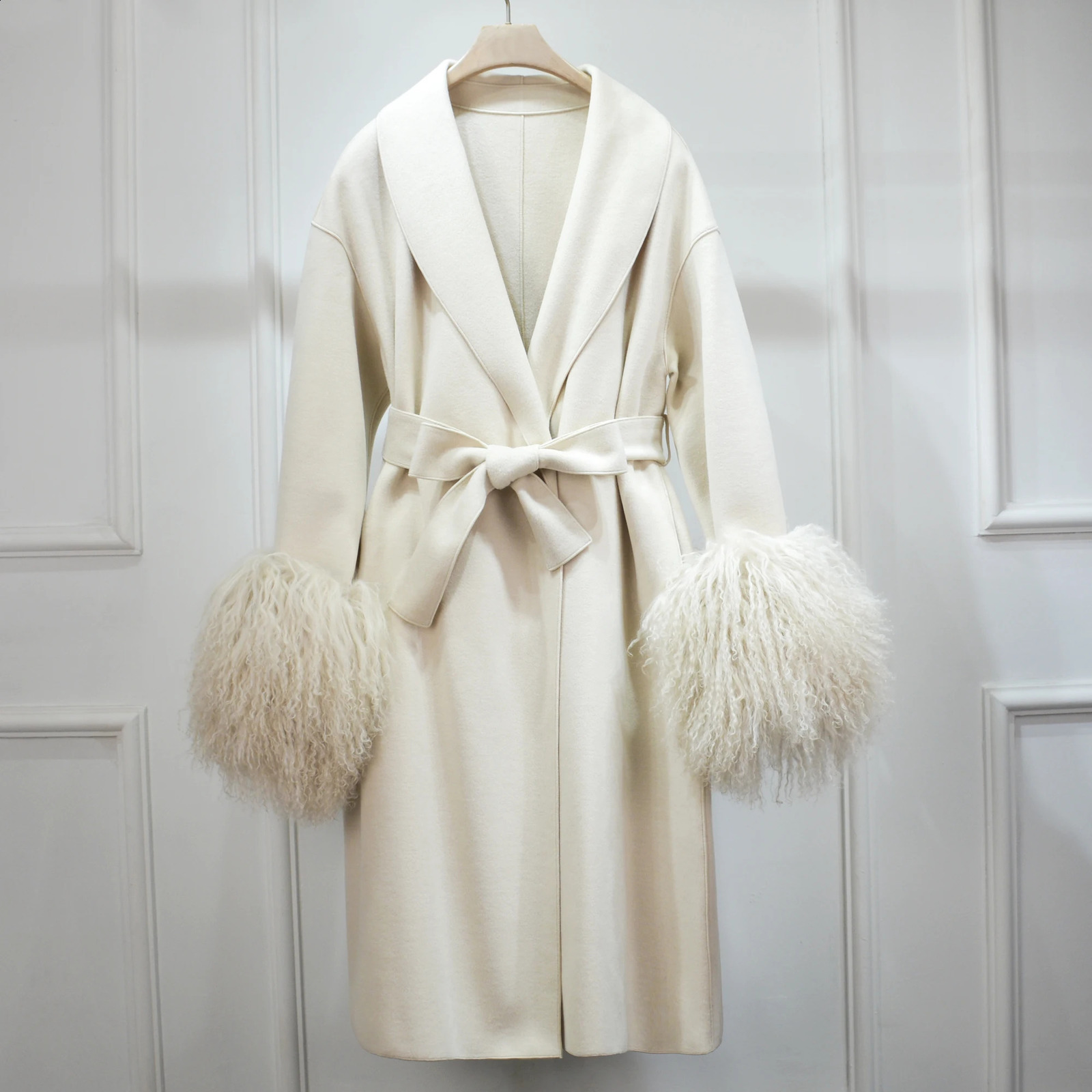 Highend Fluffy Mongolian Fur Cuffs ing Double-Sided Cashmere Jacket Women Suit Collar Sashes Long Wool Trench Coat 240822