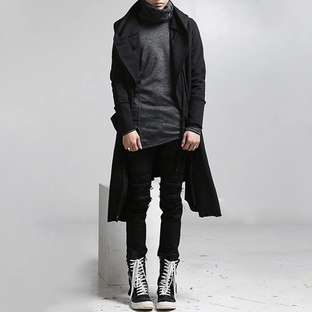 Mens Trench Coat Korean Style Dark Style Autumn And Winter Handsome Windbreaker Hip-Hop Mid-Length Trendy Mens Hooded Sweatshirt 240822