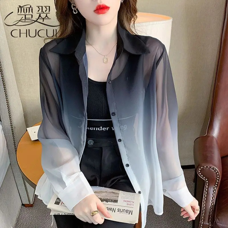 Women Summer Simplicity Loose Sunscreen Tie Dye Gradient Color Chiffon Long Sleeve Shirts Women Clothes Casual All-match Tops 240823
