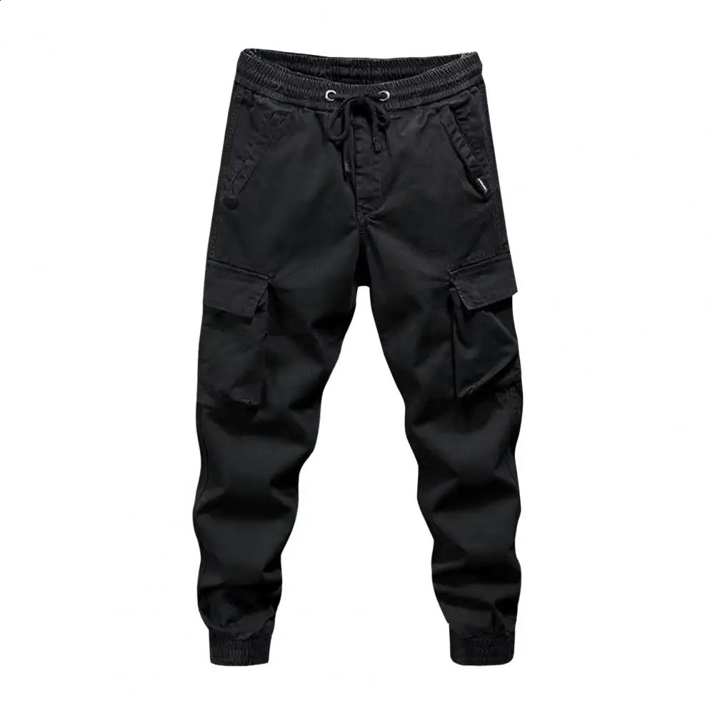 Elastic waistband pants breathable mens drawstring cargo elastic waist multiple pockets daily ankle strap 240823