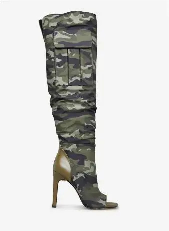 Camouflage military green peeping toe pocket knee high boots womens patch work slim high heels long fashion Botas shoes women 240823