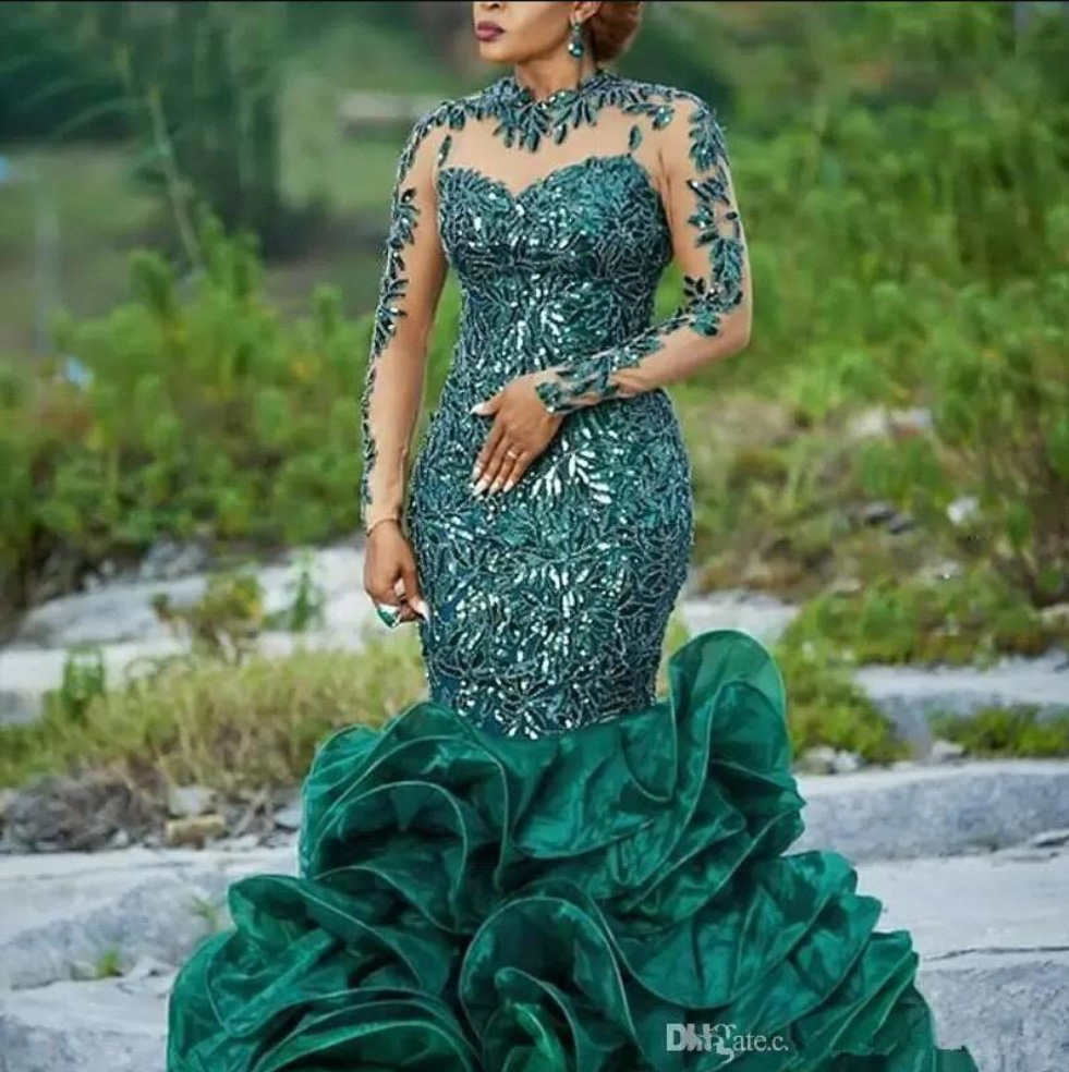 Plus Size Arabic Aso Ebi Dark Green Mermaid Prom Dresses Lace Sheer Neck Vintage Evening Formal Party Second Reception Gowns Dress Bc12904 6660311