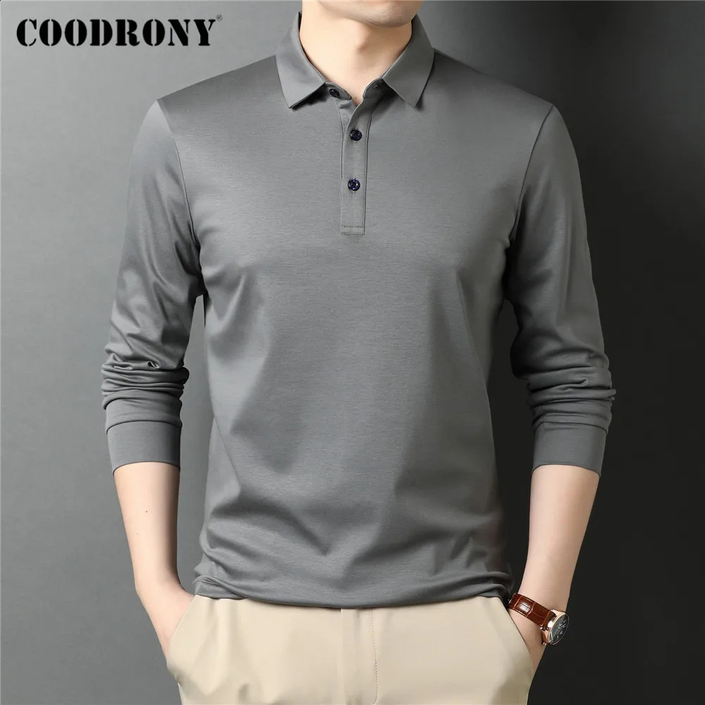 COODRONY Spring and Autumn highquality casual solid color 100% pure cotton long sleeved polo shirt mens top C5069 240823