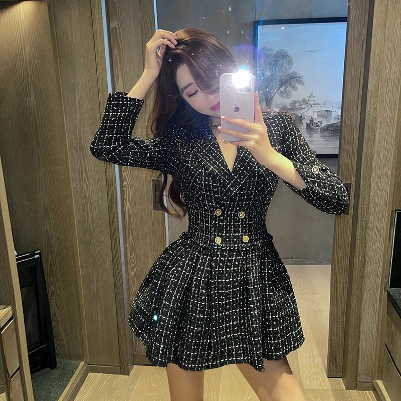 Autumn Winter Small Fragrance Black Plaid Tweed Dress Women Notched Suit Blazer Pleated Double Breasted Celebrities Mini Dresses 240823