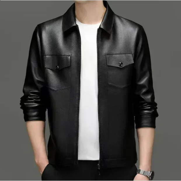 Autumn mens leather jacket lapel thin environmental protection tasteless PU jacket business casual fashion leather jacket 240822