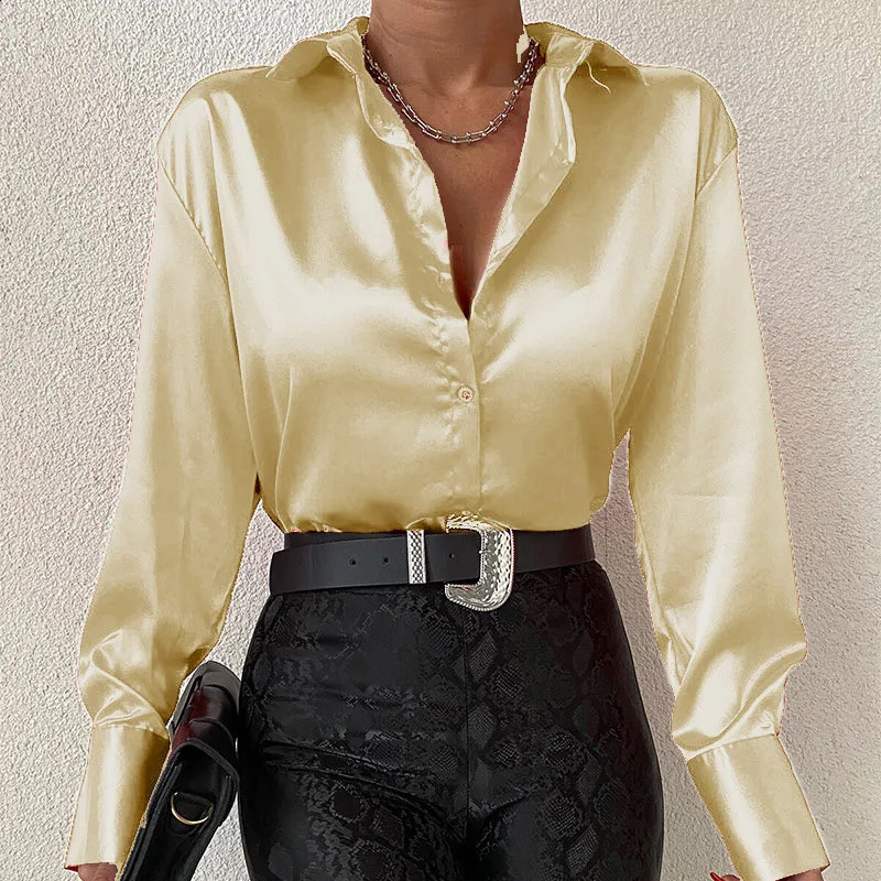Elegant retro silk shirt office womens long sleeved blue satin autumn green casual loose top 22717 w240824