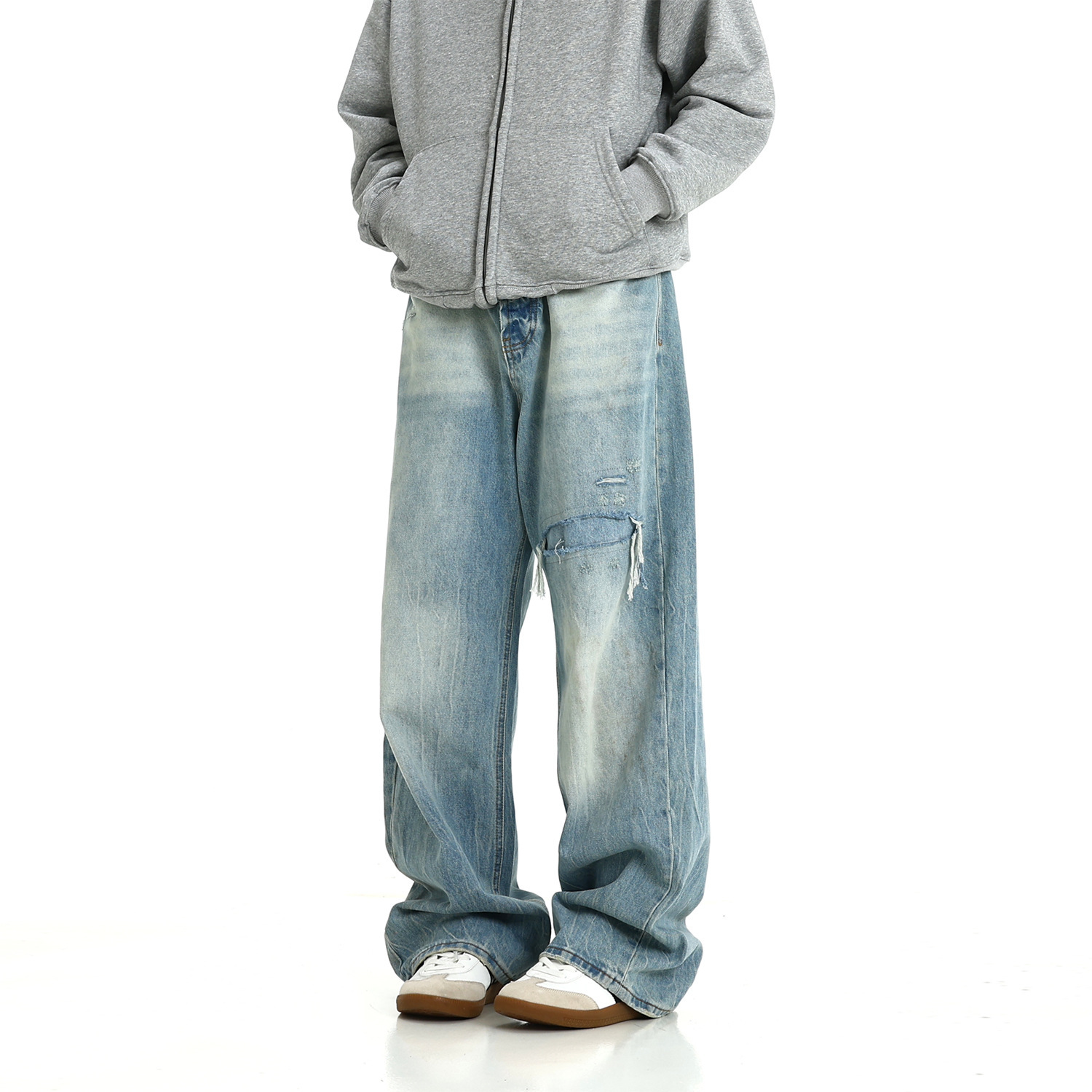 American Ice Blue Straight Leg Jeans Summer New Vintage Washed and Worn Loose Pants
