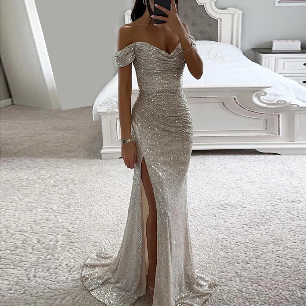 Party Womens Prom Dress Sequin Long Bodycon Maxi Dress Short Sleeve Floor Length Formal Party Sexy Dress Off Shoulder 240823