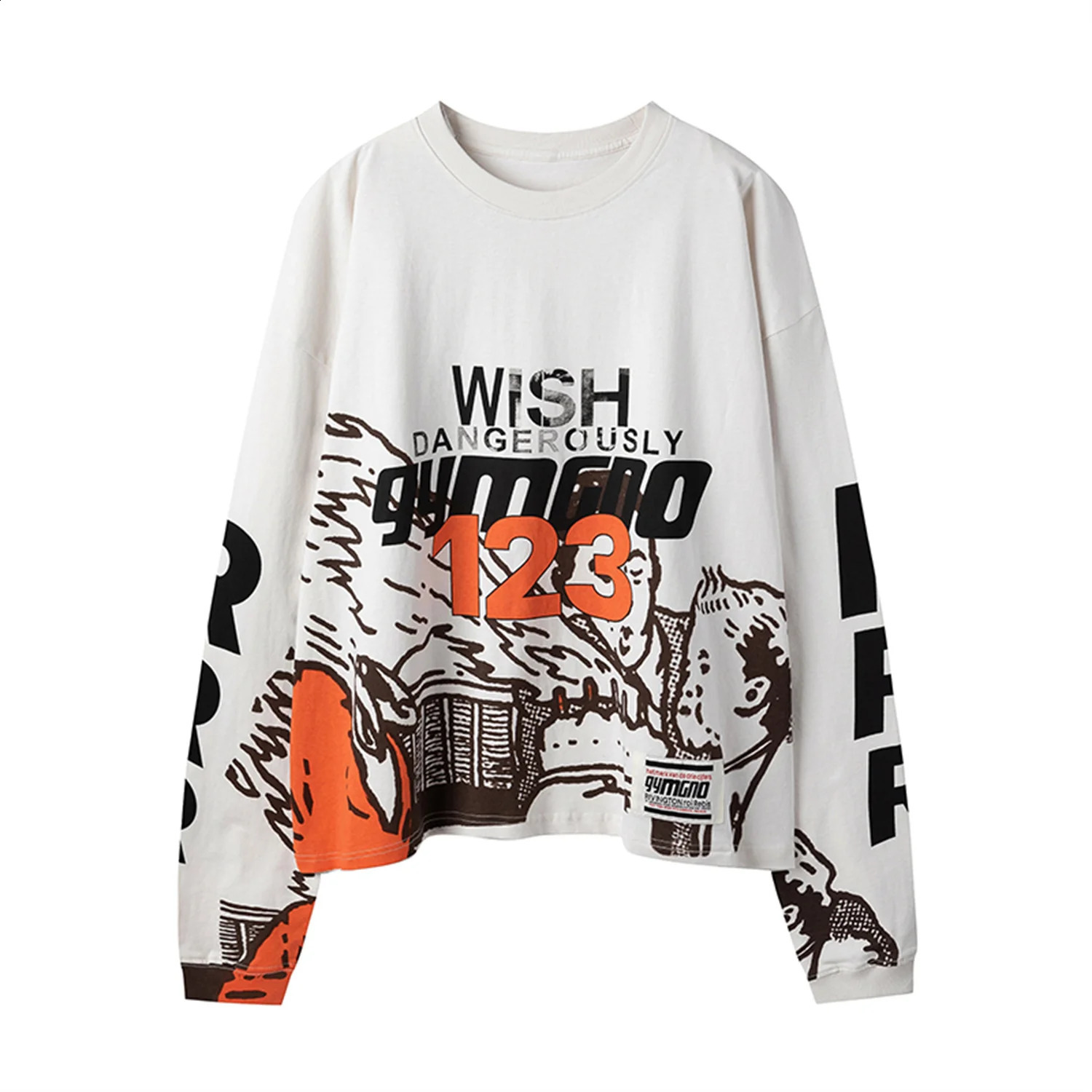 Summer And Spring 123 Letter Print GYMGNO Graffiti Slogan Worn Retro Long Sleeve T Shirt Pullover Sweatshirt 240823