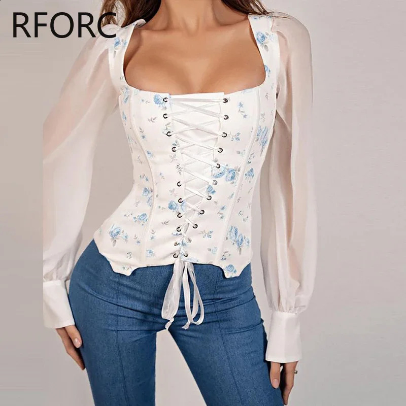 Womens Printed Square Neck Criss Cross Lace Long Lantern Sleeve Chiffon Shirt Top 240822