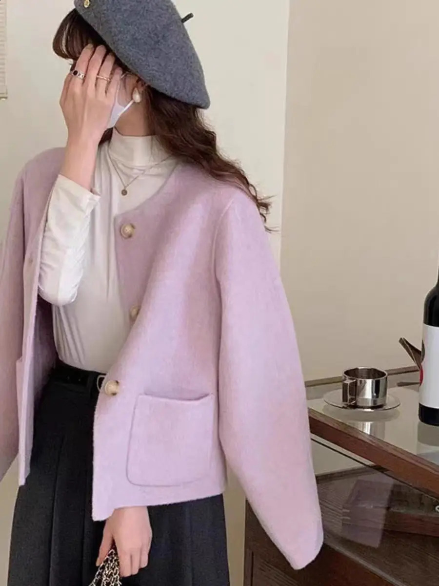 Autumn Winter Single-breasted Double-sided Coat for Women Short O Neck Loose Ladies Woolen Jacket 240822