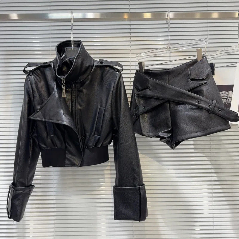 PREPOMP Autumn Turtleneck Pu Short Jacket Criss-cross Belt Faux Leather Shorts Two Piece Set Women Outfits GR986 240823