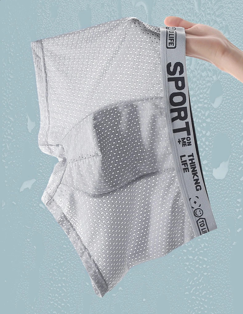 Summer Mens Underwear Ice Silk Mesh Boxing Shorts Thin Breathable Sexy Knitted 240822