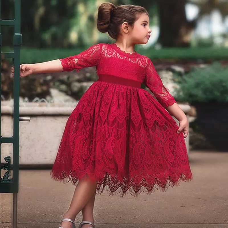 Childrens clothing girls floral lace chiffon dress wedding little girls birthday party dress childrens autumn casual clothing W240823