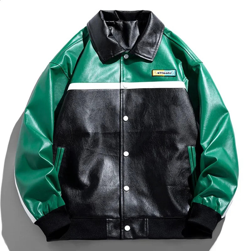 Mens PU Leather Motorcycle Jacket Hip Hop Flocked Embroidery Windproof Bomber Jackets Fashion Oversize Coat Couple Streetwear 240822