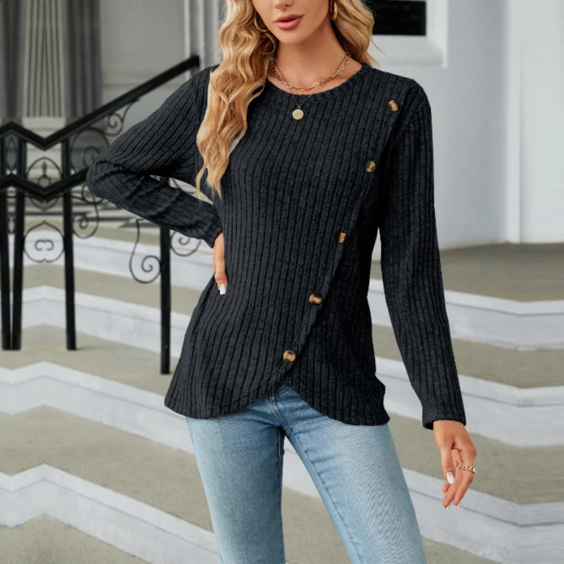 Womens clothing autumn and winter fashion patchwork button round neck long sleeved solid color zipper sweater w240824