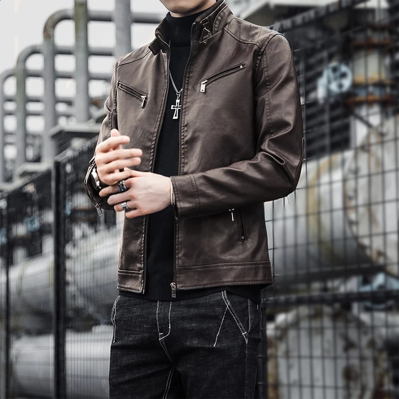 Autumn Men Casual Fashion Stand Collar Slim PU Leather Jacket Solid Color Leather Jacket Men Anti-wind Motorcycle S-4XL 240822