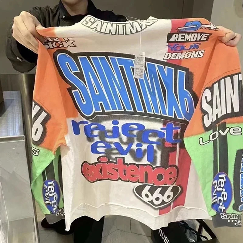 High Quality Cotton Oversized T Shirt Tee Men Women Streetwear Letter Graffiti Saint MOTOCLOSS Long Sleeved T-Shirt Tops 240823