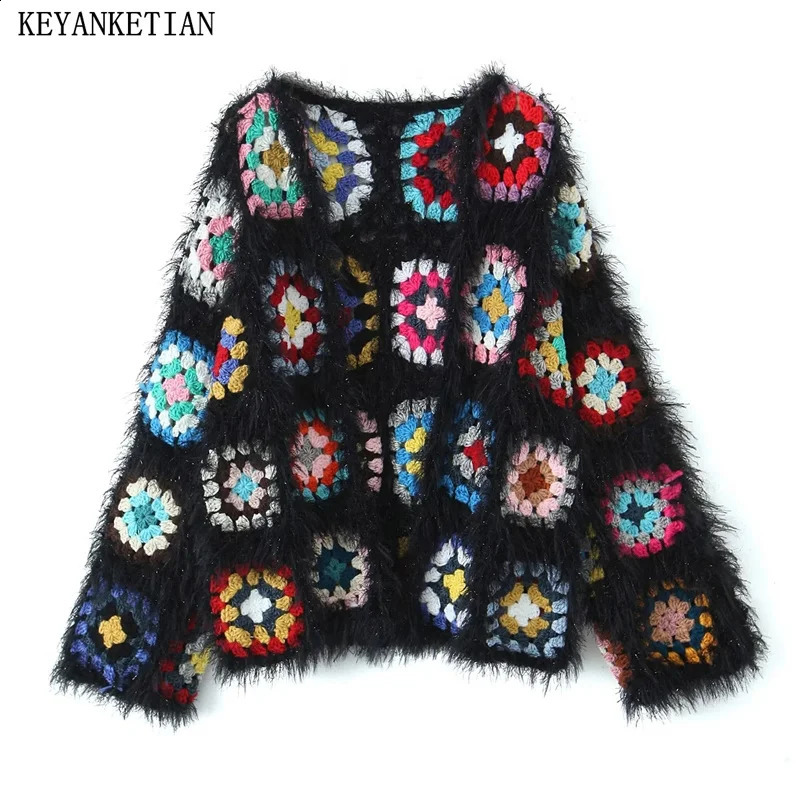 KEYANKETIAN Winter Womens Tassel Contrast Color Plaid Hollow out Handmade Sweater Cardigans Boho Holiday wind Soft knitwear 240814