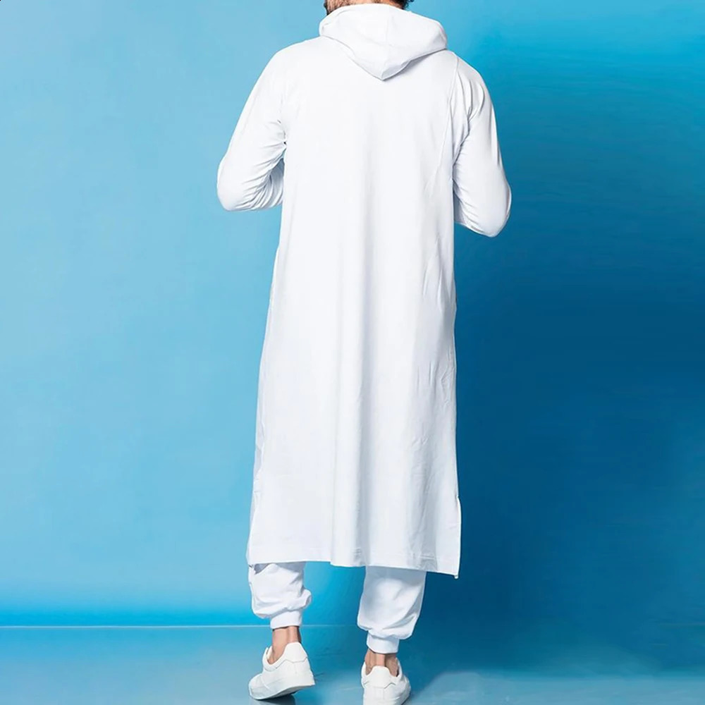 Mens Muslim Middle Eastern Islamic Arab vintage clothing loose long sleeves drawstring pockets fulllength hooded robe 240822