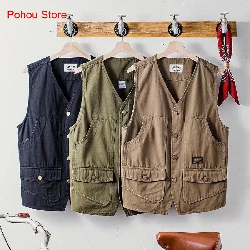 Summer Retro Loose and Thin Japanese Multi Pocket Workwear Sleeveless Vest Men 240822