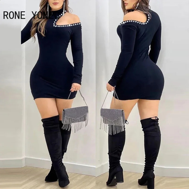 Women Rhinestone Decoration One Shoulder Long Sleeves Mini Bodycon Basic Dress 240823