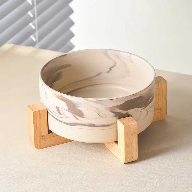 Marble ceramic cat and dog bowl with large dog feeding and dual feeding bowls equipped with wooden frame and pet dog accessories X240823