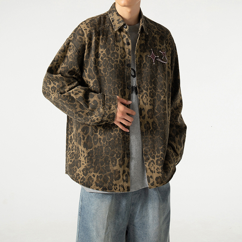 Trendy and Personalized Washed Denim Leopard Print Jacket for Men Spring and Autumn New Item Niche Workwear Jacket Outerwear