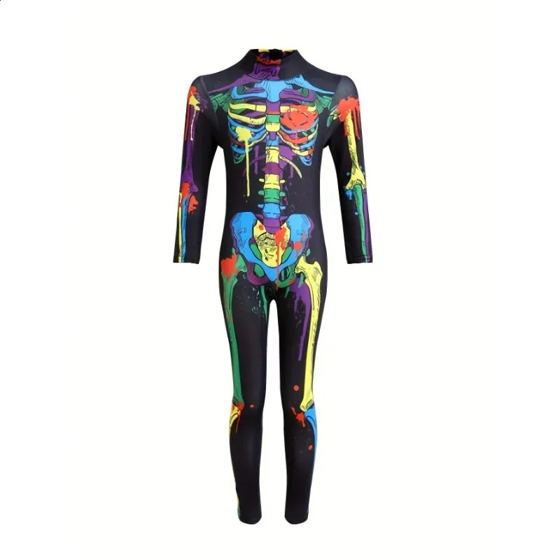 Womens Skeleton Fashion Clothing Color Printed Tight Clothes for Girls Sexy Halloween Role Playing Performance Costumes w240824