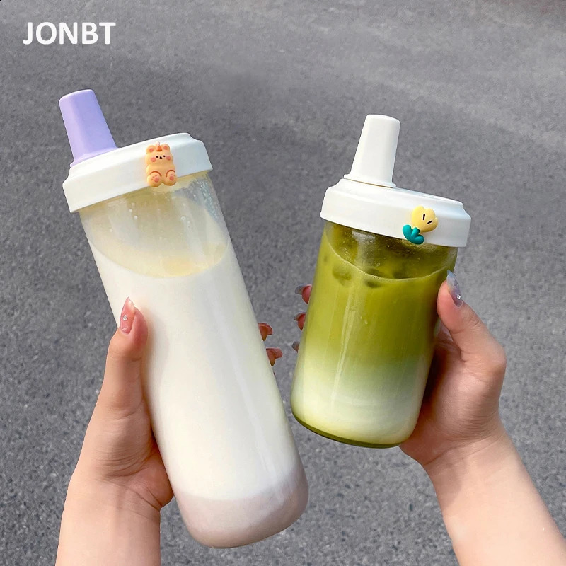 Cute Bubble Tea Kids Water Bottle Glass Plastic Coffee Boba Juice Milk Cups Girls Drinking Bottle With Straw Sticker BPA Free 240822