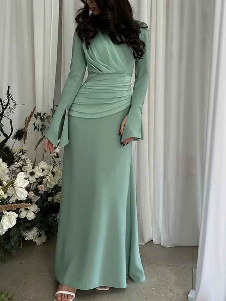 Women V Neck Long Sleeved Folds Long DressWomen Green Flare Sleeve Pleated Slim Dress Lady Party Evening Vestidos 240823