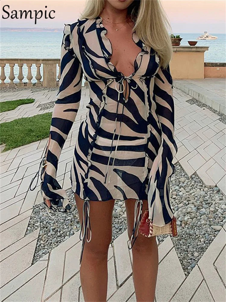 Sampic Print Long Sleeve Mini Summer Beach Dress Ruffles Mesh Sexy Party Dresses Bodycon Bandage See Through 90s Club 240823