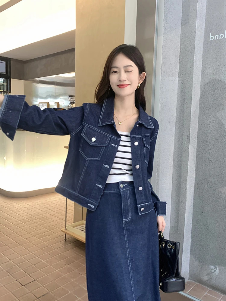 Autumn Winter Denim Two-piece Set For Women Lapel Collar Jacket Tops And Pencil Skirt Female Large Size 3XL Blue Matching Suits 240823
