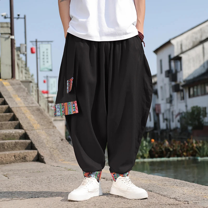 Chinese Style Mens Retro Wide Leg Pants Loose Plus Size Trendy High Street Fashion Cotton and Linen Pants Hombre Leggings 240822