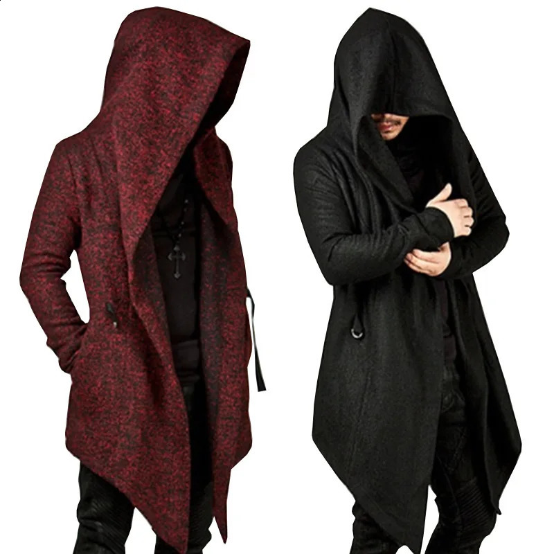 Unisex Fashion Hoodies Cardigan Solid Pocket Loose Trench Jacket Men Casual Open Stitch Gothic Hooded Long Cloak Cape Coat 240822