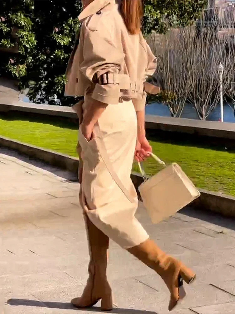 Fashion Two Piece Sets Outfits Office Lady Tracksuit Street Wear Cargo Set Long Sleeve Jacket and Wrap High Split Skirts Suit 240822